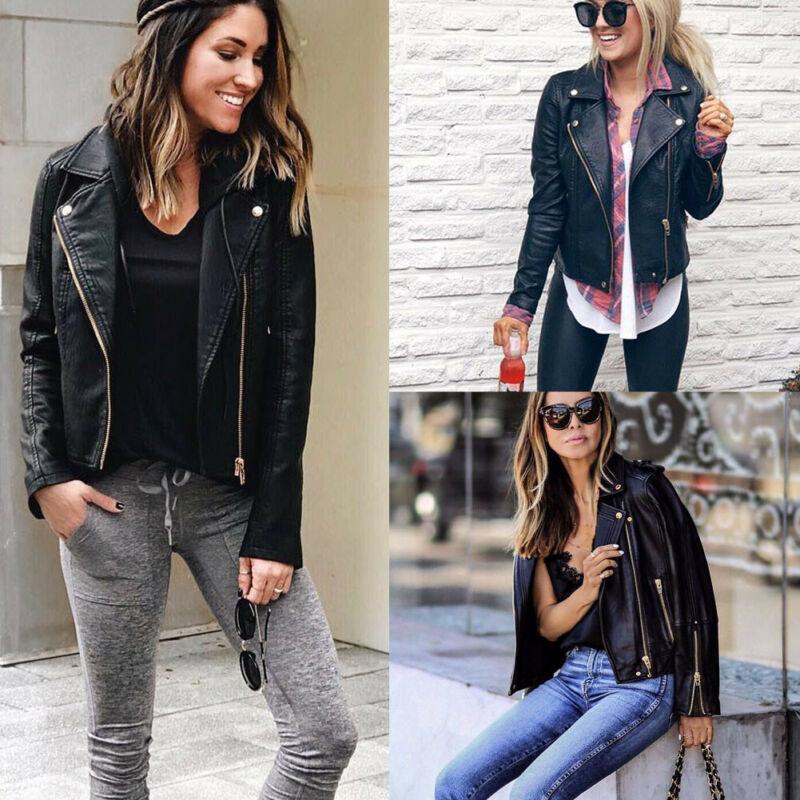 Womens Leather Jacket Motorcycle Biker Zipper Coat Winter Outwear Casual Fashion Style Tops Jacket for Women