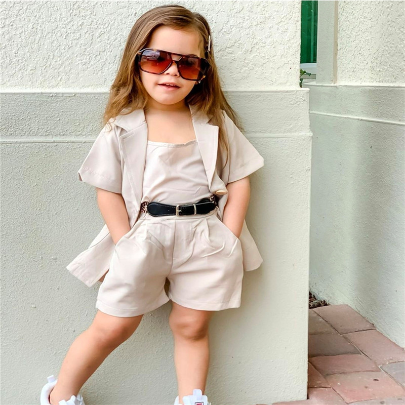 2-7T Fashion Baby Girls 3pcs suit Infant kids Clothes Sets Solid Vest Tops Short Sleeve Blazer Coat Shorts summer OutfitsX1019