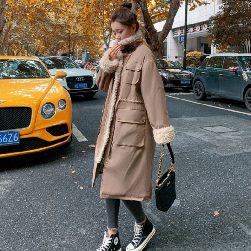Women Winter Stand Collar Lamb Wool Liner Thicken Long Parka Slim Waist Jacket Full Sleeve Big Pocket Coat Oversized Overcoat 201202