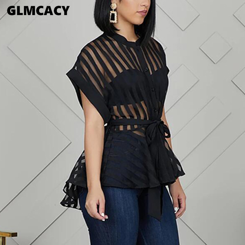 Women Summer See Through Striped Peplum Tops Mesh Shirt Blouse Elegant Streetwear Sexy Classy Party Clubwear T200320