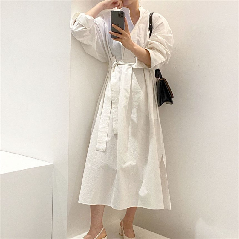 

2021 New Estilo Coreano Conjunto Duas Peas Outono Chique Solto Puff Manga Camisa Vestido V-neck Malha Colete Ternos Suor Feminino 2 V4JY, Only white dress