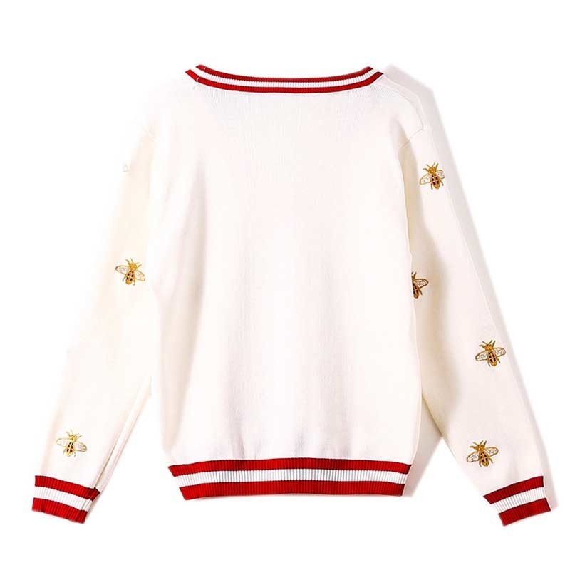 NiceMix Women's sweater embroidery Autumn new women's long-sleeved industry bee contrast color stripes loose knit cardigan thin Y200909