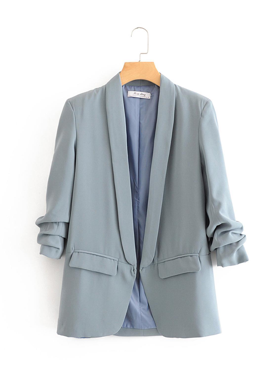 Bella Philosohy Spring Fashion Yellow Blazer Suit Women OL Puff Sleeve Workwear Blazer Three Quarter Ladies Outwears Pink Blue 201201