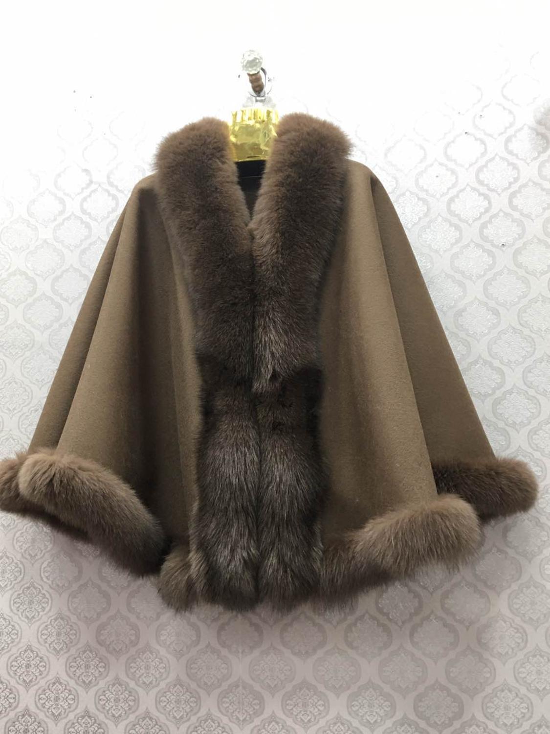100% wool shawl with natural fox fur collar bottom trimming cape drop shipping wrap furry winter autumn wedding white 201103