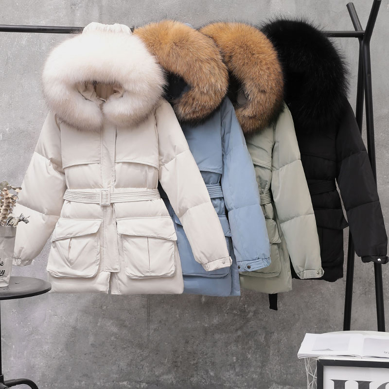 Janveny Large Natural Raccoon Fur Hooded New Women's Winter Down Jacket Female Parkas Short Duck Feather Puffer Coat 201019