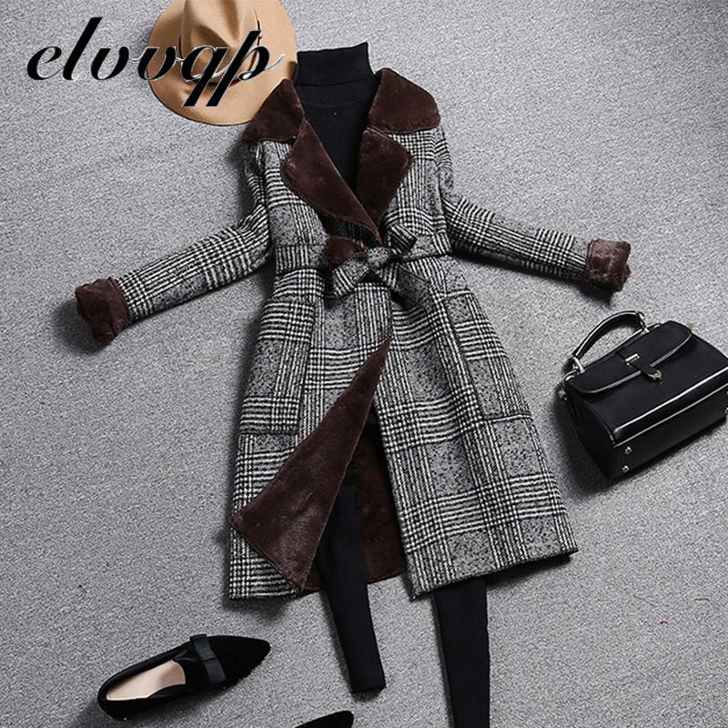 high Quality Woolen Coat Women Winter Long Thick Plus Velvet Warm Fur Jackets Elegant Pocket Plaid Belt Ladies Coats 201216
