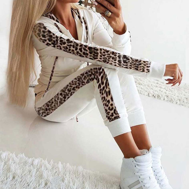 Autumn Winter 2 Piece Set Women Leopard Women Suits Warm Thicken Plus Tracksuit Pant Suit Sweat Suit Female 201007