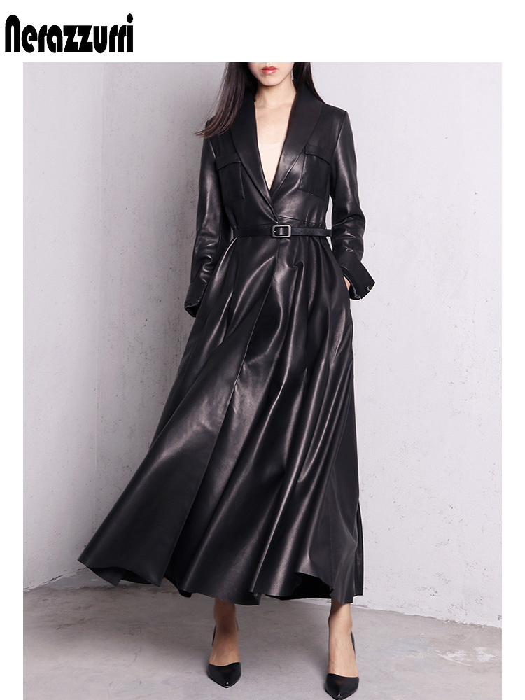 Nerazzurri high quality red black maxi leather trench coat for women long sleeve extra long skirted overcoat plus size fashion 201226