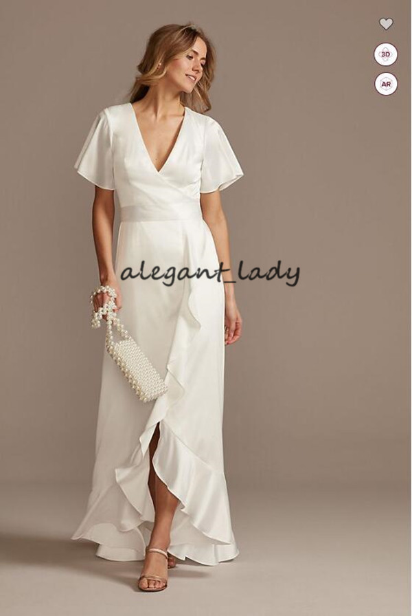 simple design bohemian wedding dresses with flutter sleeve 2021 vneck stretch satin dress with ruffle hem country bride gown