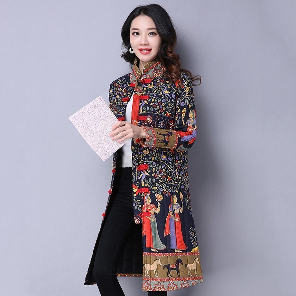Big Size Women Winter Cotton Linen Ethnic Print Buttons Long Coat Lady's National Style jacket Stand Collar Female Vintage Coat T200212