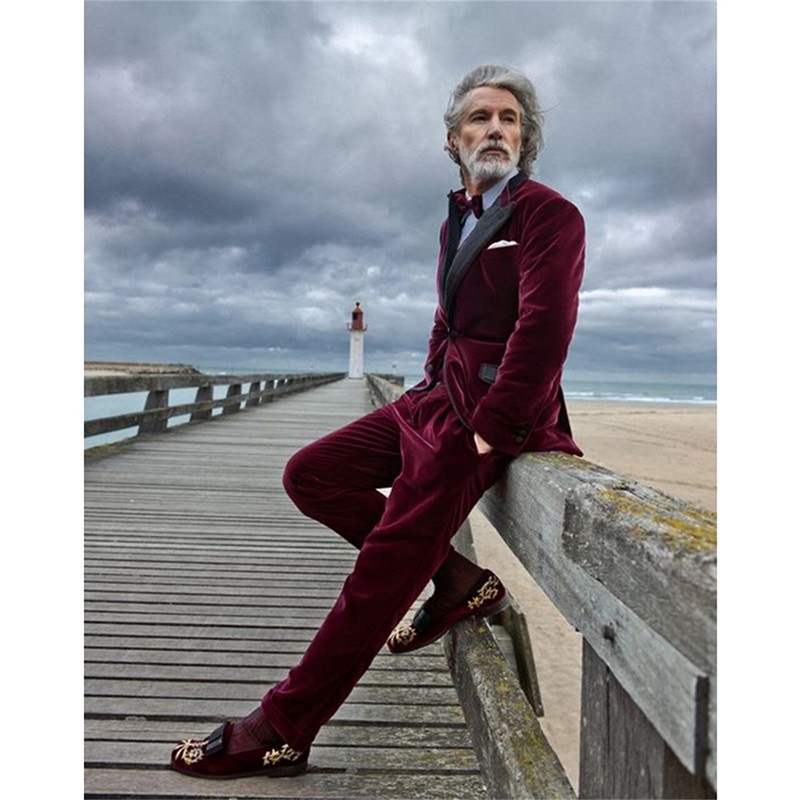 Red Velvet Wedding Men Suits 2- Piece Solid Formal Men Suit Peak Lapel Groom Wedding One Button Handsome Suits For Men