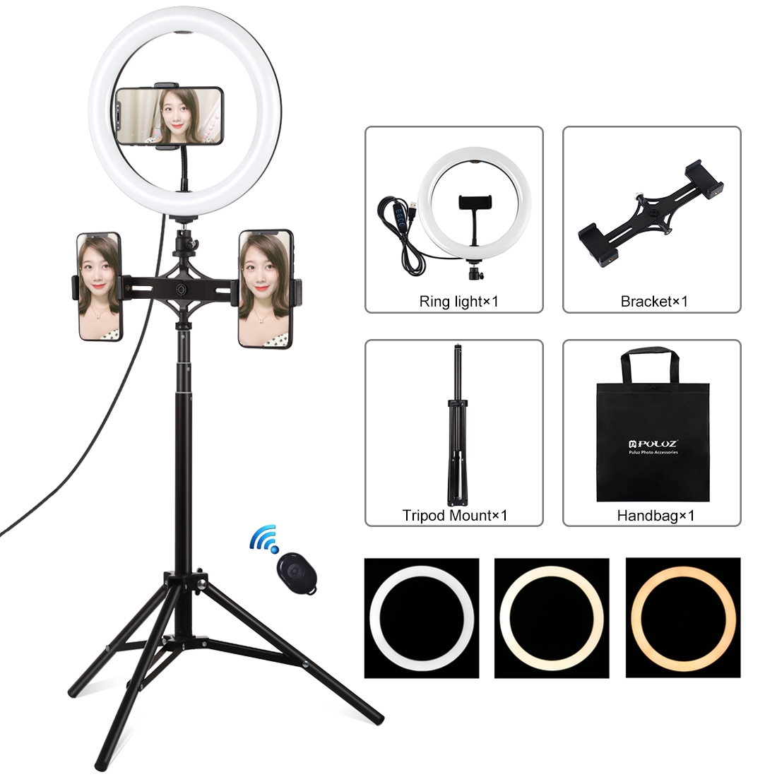 PULUZ 165m Tripod Mount Dual Phone Brackets 102 inch 26cm Curved Surface USB 3 Modes Dimmable Dual Color Temperature Ring Vlogging Video 
PULUZ 165m Tripod Mount Dual Phone Brackets 102 inch 26cm Curved Surface USB 3 Modes Dimmable Dual Color Temperature Ring Vlogging Video