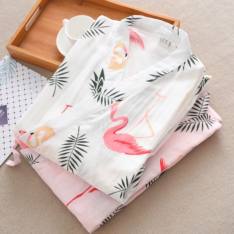 Summer Autumn 100% Cotton Robes Double Gauze Kimono Nightgown Simple Nature Flamingo Thin Section Loose Large Size Home Bathrobe 210203