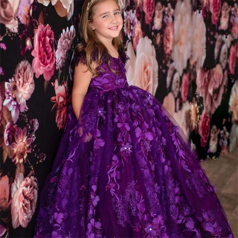 2021 Purple Girl's Pageant Dresses Lace Appliques Beaded Girls Birthday Party Gowns Custom Made Flower Girl Dress