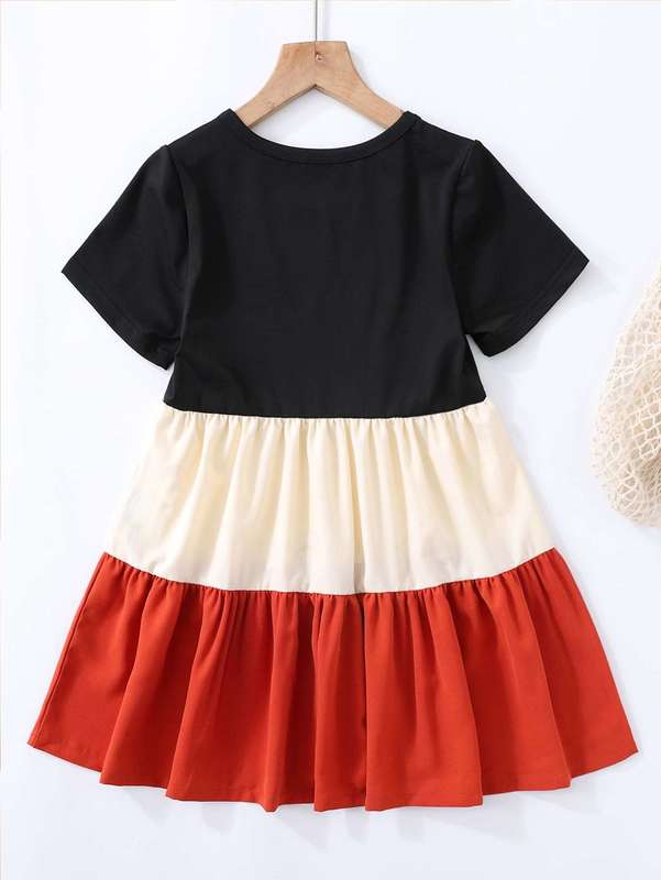 Girls Color Block Ruffle Hem Smock Dress SHE