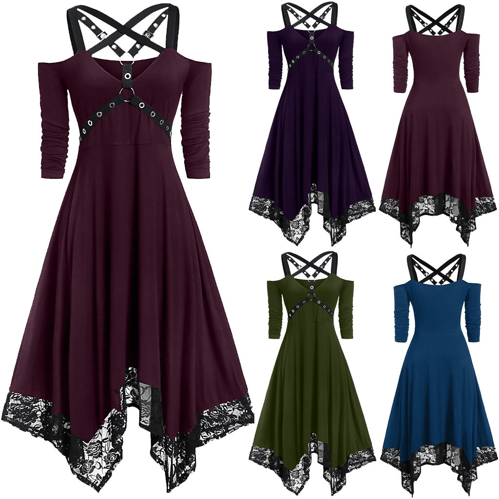 Gothic Women Black Goth Off Shoulder Lace Patchwork Punk Rock Cross Strap Plus Size Sexy Vintage Midi Dress 200929
Gothic Women Black Goth Off Shoulder Lace Patchwork Punk Rock Cross Strap Plus Size Sexy Vintage Midi Dress 200929