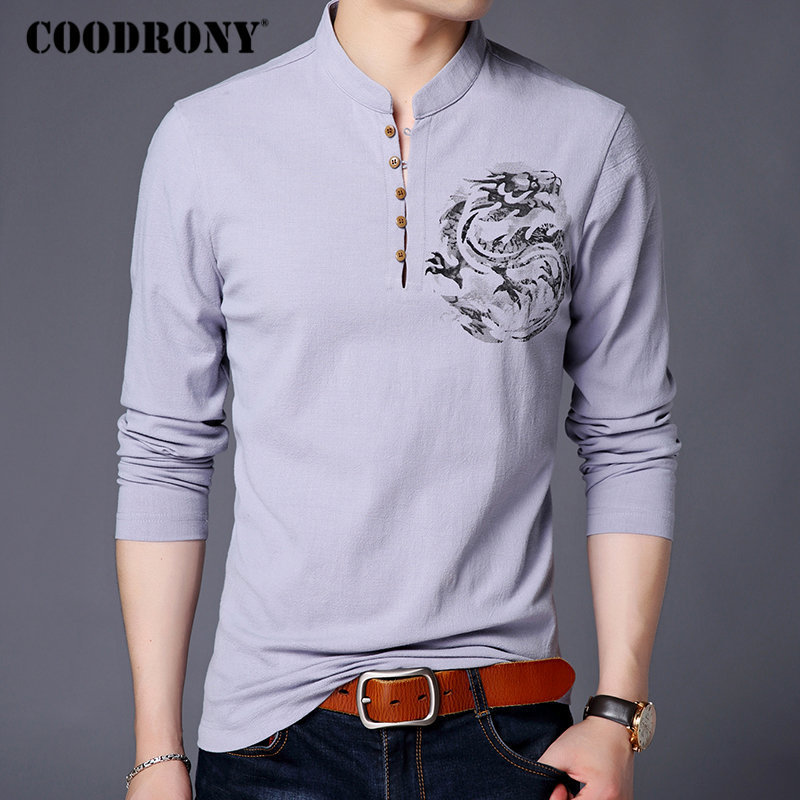 COODRONY Chinese Style Mandarin Collar T-Shirt Men Long Sleeve Cotton T Shirt Men Clothes Linen Tee Shirt Homme Tshirt T006 201202