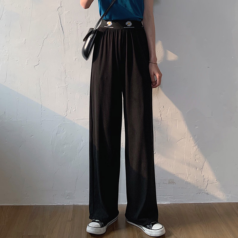 CINESSD Summer New Women's Pants Trousers Small Daisies Wide Leg Ice Silk Loose Pant High Waisted Wide Leg Pants Thin Casual T02 T200422