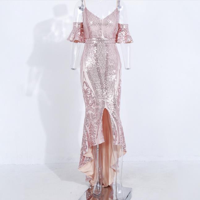 Rose Gold Color Evening Dresses High Lo Mermaid Sequins Elegant Prom Dress Mother of Bride Dresses Cheap Stock Evening Gown