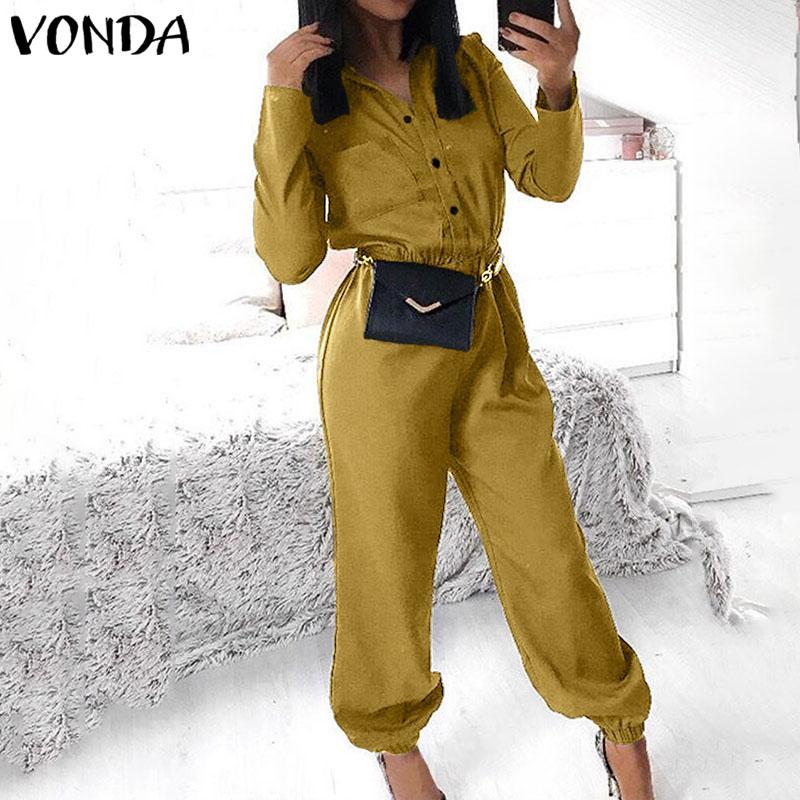Women's Jumpsuits & Rompers VONDA Party Womens Sexy Overalls 2021 Autumn Casual Pants Vintage Deep V Neck Long Sleeve Playsuits Plus Size