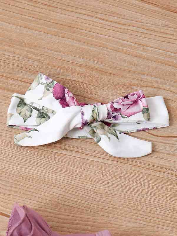 Baby Letter Graphic Tee & Floral Print Bow Front Pants With Headband SHE