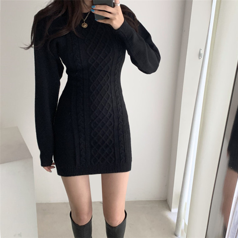 Fashion Hollow Out Waist Sweater Dress Women Autumn Winter High Elastic Twist Knitted Dress Casual Bodycon Mini Dress 3 Colors 201029