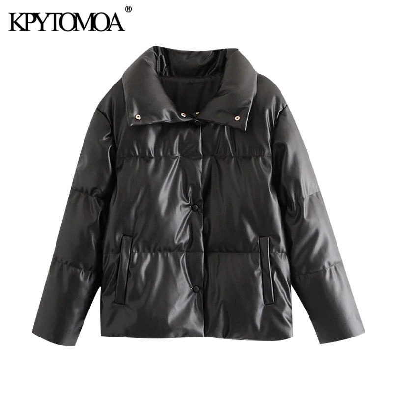 KPYTOMOA Women Fashion Thick Warm Parkas Faux Leather Padded Jacket Coat Vintage Long Sleeve Pockets Female Outerwear Chic Tops 201201
