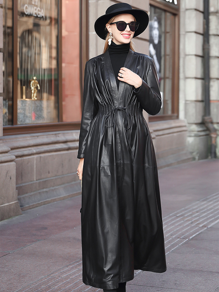 Lautaro Long black leather trench coat for women deep v neck long sleeve drawstring Plus size clothes for women 4xl 5xl 6xl 7xl 201028