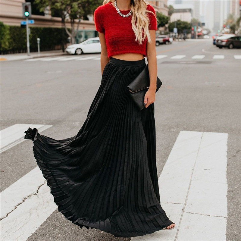 Fashion Pleated Long Skirt 2019 Lady Casual Loose Soild High Waist Long Skirt Ladies All-match Ankle-Length Skirts Multi Colors T200301