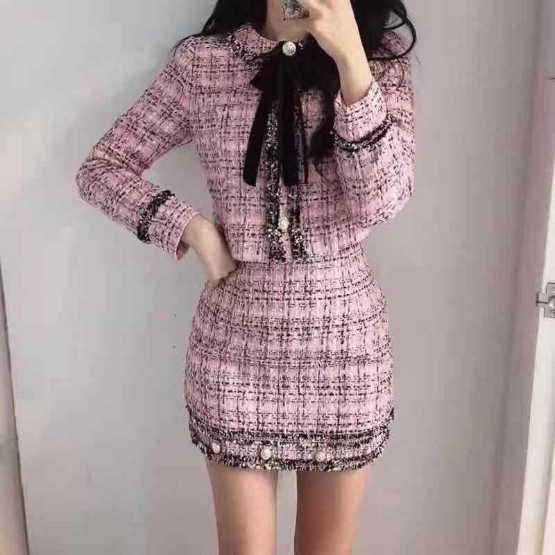 Autumn Winter Tweed Wool 2 Piece Set Women Bowknot Plaid Skirt Set Female Fringed Trim Short Jacket Coat + Bodycon Skirt Suit 201109