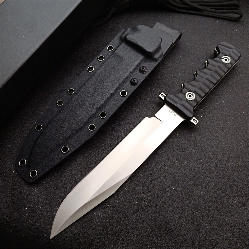 High End Outdoor Survival Tactical Straight Knife DC53 Satin Full Tang Black G-10 Handle Fixed Blade Knives With Kydex