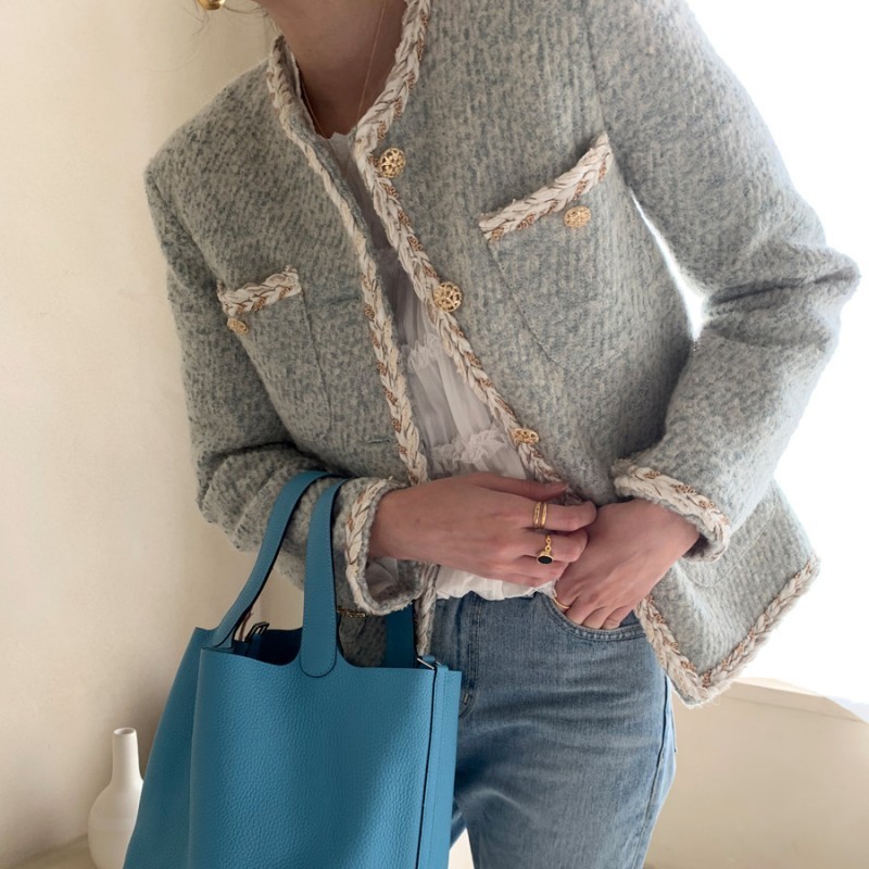 Autumn Winter Tweed Coat Women Long Sleeve Single Breasted Korean Style Minimalist Ladies Jackets Elegant Vestidos 201106