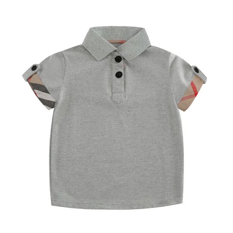 2024 Boys Plaid Cotton T-Shirts Short Sleeve Turn-Down Collar Casual Summer Tops for Kids Gray y250607BG48
