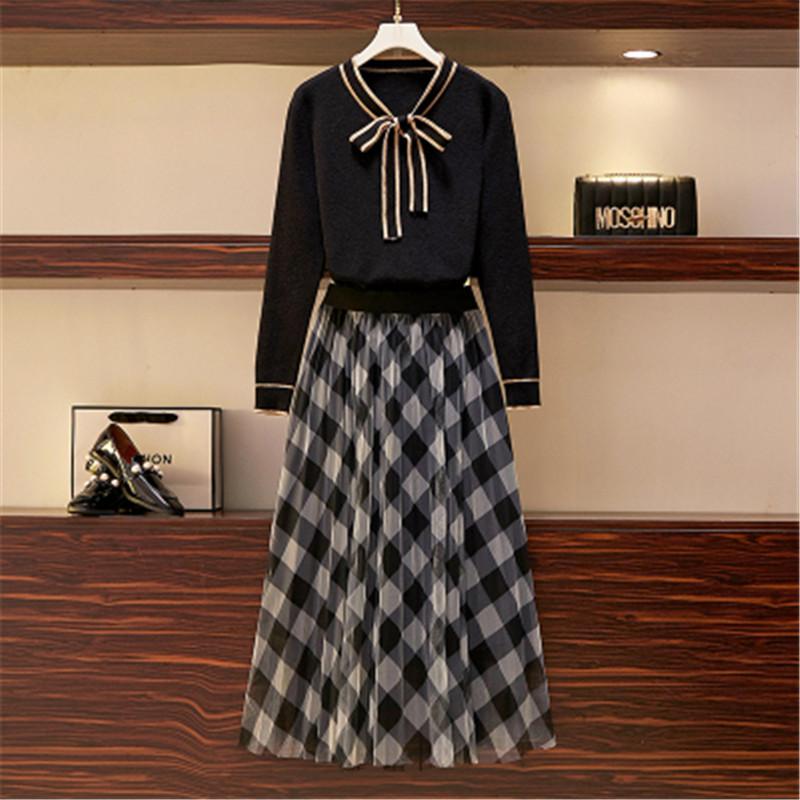 Newest Elegant Two Piece Set Women Lace Up Bow O-neck Knit Sweater+ High Waist Plaid Pleated Long Skirts Autumn Winter Clothes, Black
Newest Elegant Two Piece Set Women Lace Up Bow O-neck Knit Sweater+ High Waist Plaid Pleated Long Skirts Autumn Winter Clothes, Black