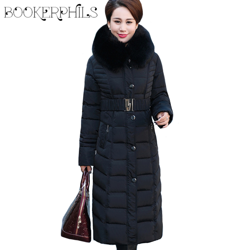 Winter Jacket Women Middle-aged X-Long Plus Size Thick Fur Collar Winter Coat Women Long Parkas Hooded Cotton Outerwear L-5XL 201029