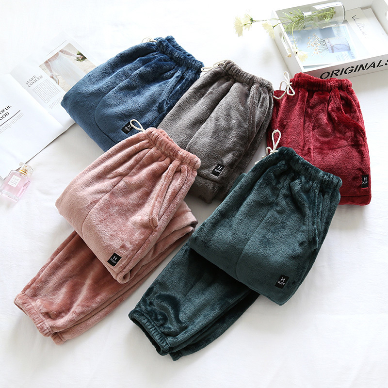 Fall Winter Pants Bottoms For Couples Warm Thick Coral Fleece Sleep Pants Soft Pajamas For Men Women Plus Velvet Trousers 201016