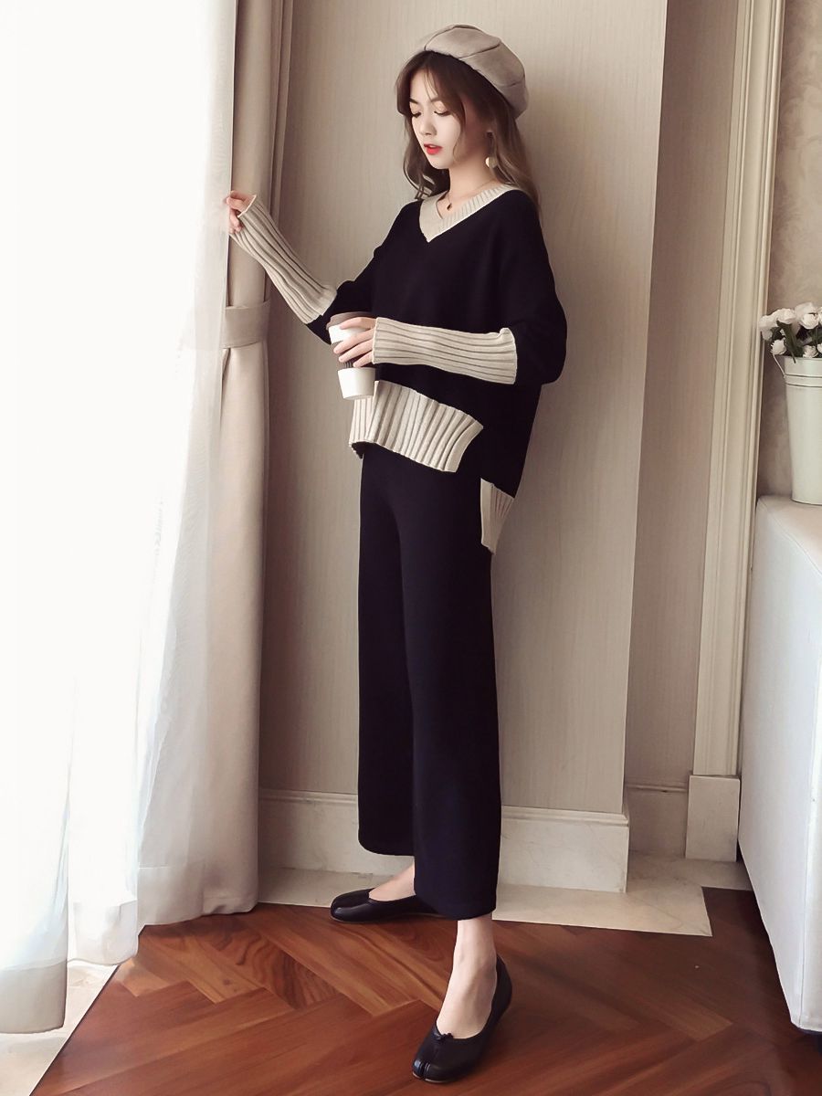 Suit female temperament of autumn outfit new web celebrity fashion knitting coat wide-legged pants goddess brim two suits 201119