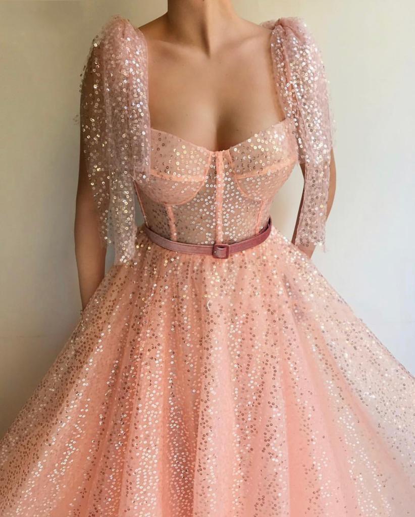 Glitter Pink Sequins A-Line Prom Dresses Floor Length 2022 Corset Straps Long Formal Evening Gowns robe de soirée de mariage Special Occasion Wear For