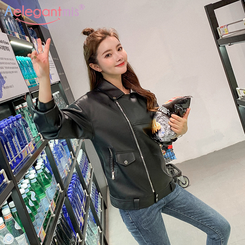 Aelegantmis Fashion Women Loose Motorcycle Faux Leather Jackets Ladies Long Sleeve Autumn Winter Biker Streetwear Coats 201028
