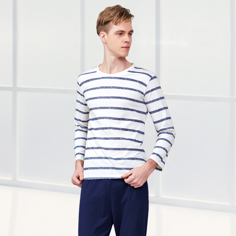 Pajama Set Cotton Gray Striped O-neck Sleepwear Couple Home Clothes Plus Size High Quality Male Underwear Set 201109