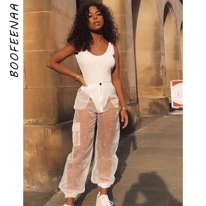 BOOFEENAA Organza Mesh Sheer Sexy Cargo Pants Women Summer Joggers Streetwear High Waisted Trousers Dance Sweatpants C98-AB12 T200606