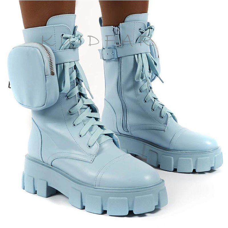 Fashion Chunky With Pocket Platform Women Lace Up Ankle Boots Female Punk Sole Pouch Heels Botas Mujer 201128