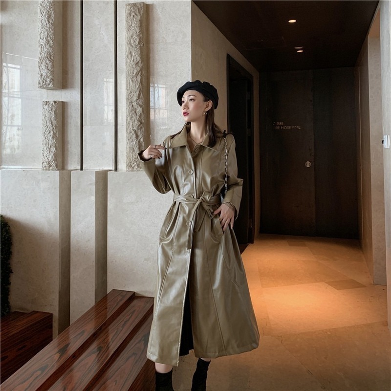 GOOHOJIO Cool PU Leather Long Jacket Fashion Women Jacket Loose Belt PU Leather Windbreaker Trench Women Coat Slim Autumn 201020
