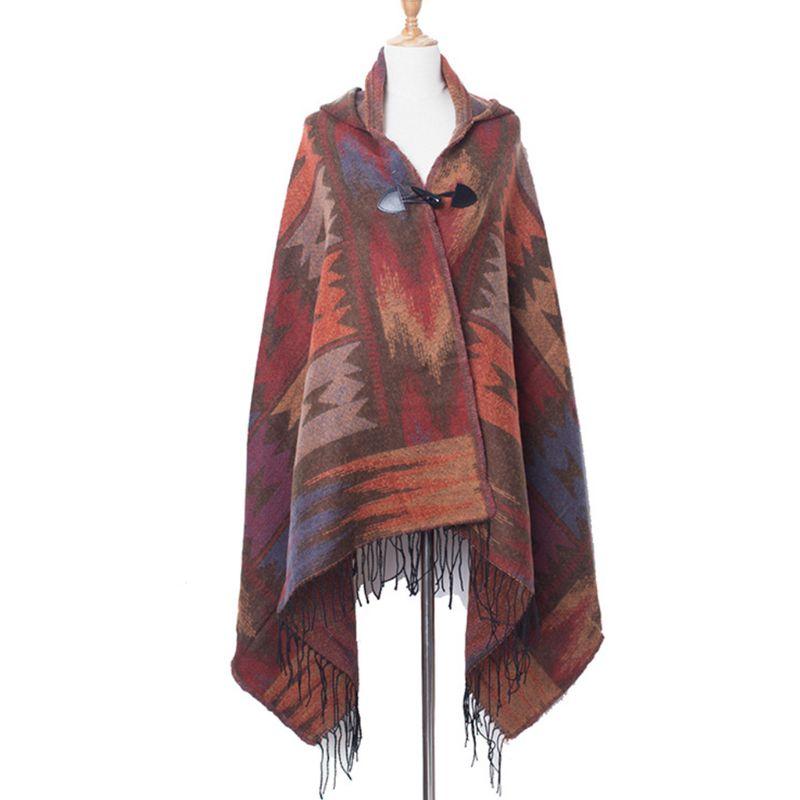

Women Bohemian Ethnic Hooded Poncho Tassels Shawl Cape Geometric Patterns Loose Cloak Scarf Cardigan with Horn Button