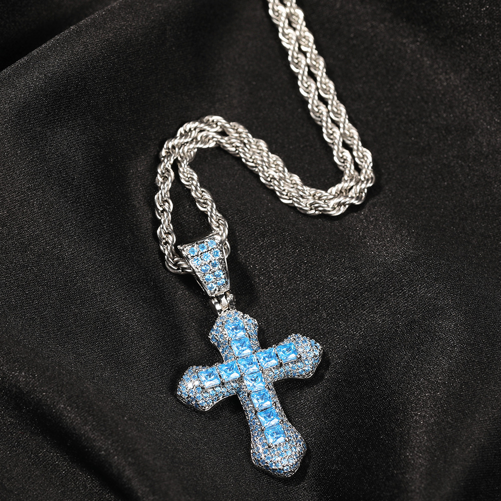Blue Red Moissanite Cross Fashion Mens Gold Necklace Hip Hop Iced Out Pendant Necklaces Jewelry