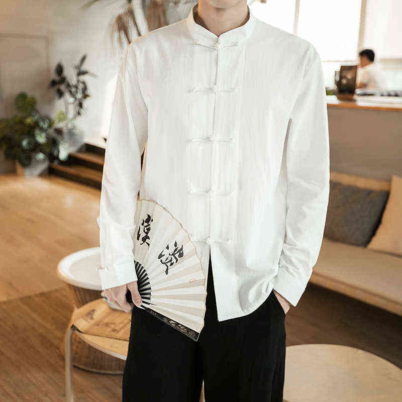 Chinese Style Shirt Men Cotton Linen Vintage Casual Chemise Men Long Sleeve Cotton Linen Chinese Style Shirts Kung Fu Tai Chi Ta G0105