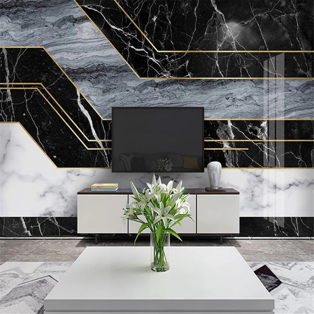 Custom Mural Modern Black White Blue 3D Striped Geometric Marble Pattern Living Room TV Background Decor Waterproof