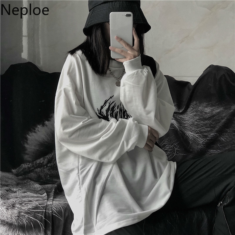 Neploe Ins Harajuku Style Streetwaer Unisex Lovers T Shirt O Neck Solid Retro Letter Tees Long Sleeve Spring Autumn New Top 201028