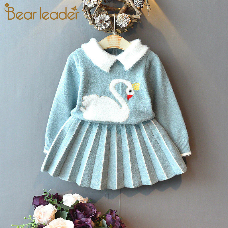 Bear Leader Winter Girls Clothes Set New Baby Sweater Set Swan Printed Pink Blue 2pcs Fall Girl Clothing Set Children CostumeX1019