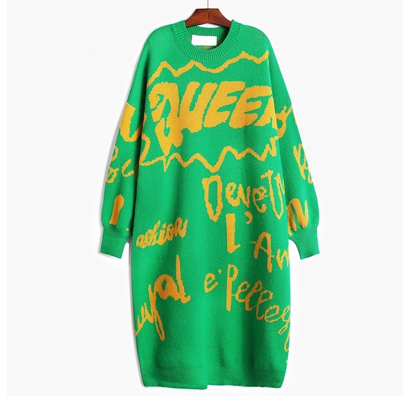 [EAM] Women Printed Big Size Long Knitting Dress New Round Neck Long Sleeve Loose Fit Fashion Tide Autumn Winter 1DA783 201030